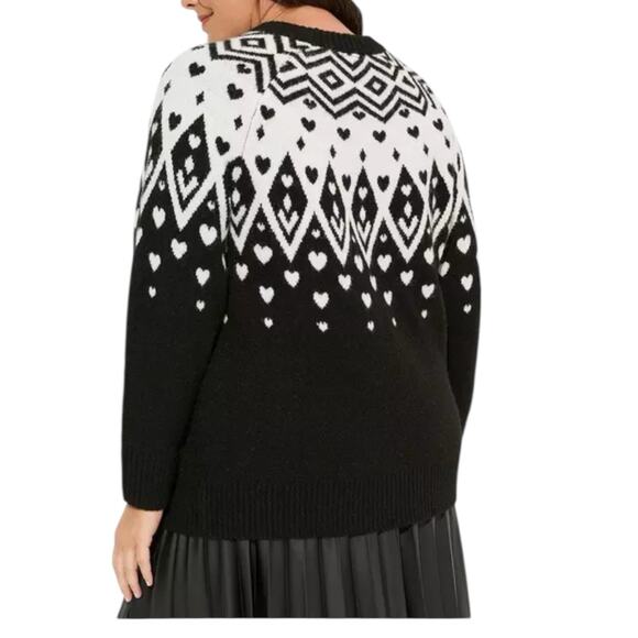 Torrid Sweater 4x New Black White Aztec Heart All Over Cashmere Fair Isle Vegan - Picture 3 of 3